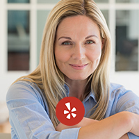 Yelp logo with a blonde woman